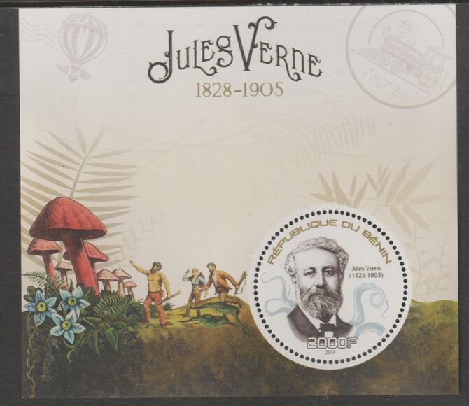 Benin 2017 Jules Verne perf deluxe m/sheet containing one circular value unmounted mint, stamps on shape, stamps on personalities, stamps on verne, stamps on sci-fi, stamps on literature, stamps on fungi