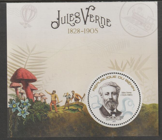 Benin 2017 Jules Verne perf deluxe m/sheet containing one circular value unmounted mint, stamps on , stamps on  stamps on shape, stamps on  stamps on personalities, stamps on  stamps on verne, stamps on  stamps on sci-fi, stamps on  stamps on literature, stamps on  stamps on fungi