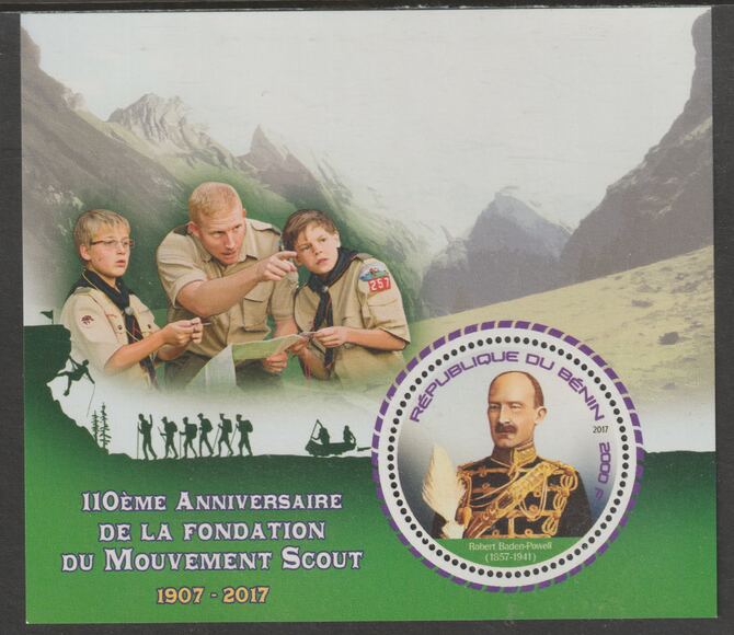 Benin 2017 Scout Movement - 110th Anniversary perf deluxe m/sheet containing one circular value unmounted mint, stamps on , stamps on  stamps on shape, stamps on  stamps on personalities, stamps on  stamps on scouts, stamps on  stamps on powell