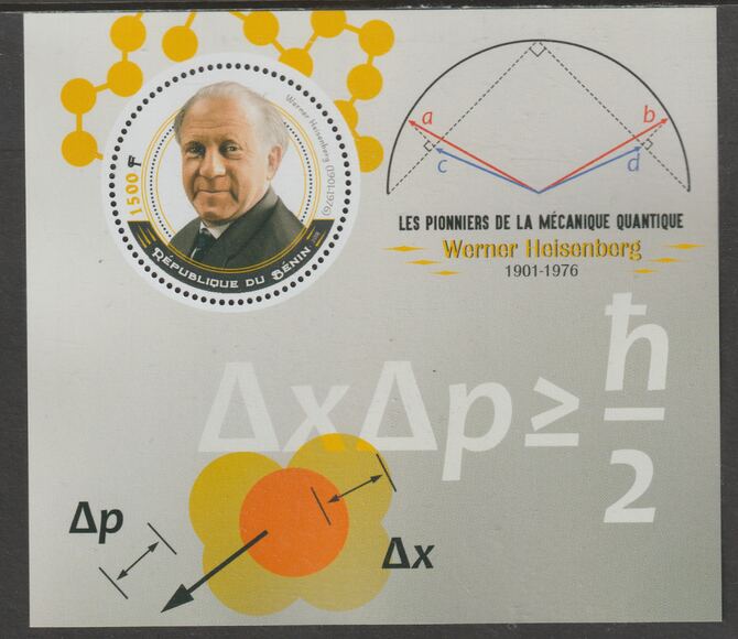 Benin 2018 Quantum Mechanics - Werner Heisenberg perf deluxe m/sheet containing one circular value unmounted mint, stamps on shape, stamps on personalities, stamps on science, stamps on physics