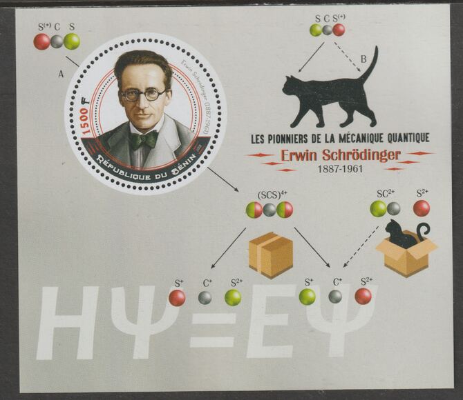 Benin 2018 Quantum Mechanics - Erwin Schrodinger perf deluxe m/sheet containing one circular value unmounted mint, stamps on , stamps on  stamps on shape, stamps on  stamps on personalities, stamps on  stamps on science, stamps on  stamps on physics