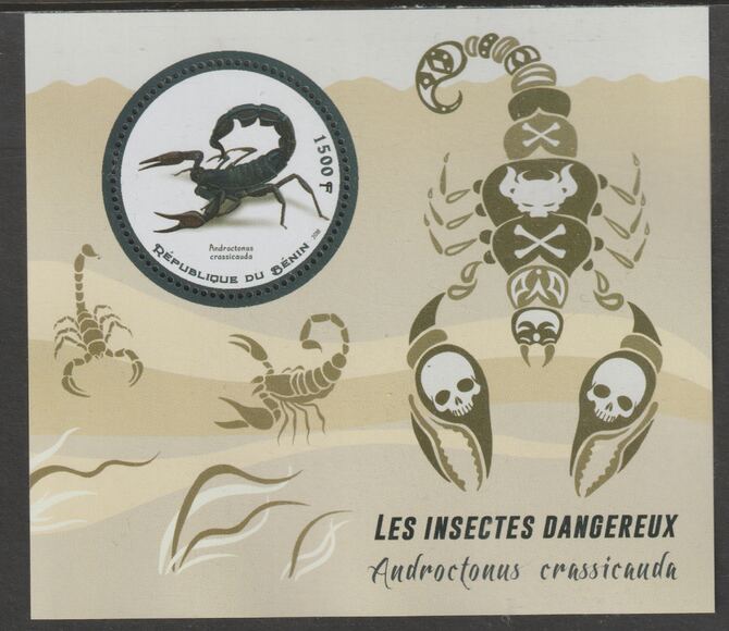 Benin 2018 Endangered Insects - Arabian Scorpion perf deluxe m/sheet containing one circular value unmounted mint, stamps on shape, stamps on insects