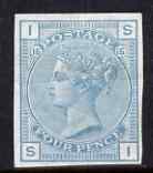 Great Britain 1876 QV 4d plate 15 imperf colour trial in turquoise-blue on gummed paper watermarked large garter, mounted mint, stamps on , stamps on  stamps on , stamps on  stamps on  qv , stamps on  stamps on 