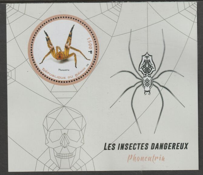 Benin 2018 Endangered Insects - Wandering Spider perf deluxe m/sheet containing one circular value unmounted mint, stamps on , stamps on  stamps on shape, stamps on  stamps on insects