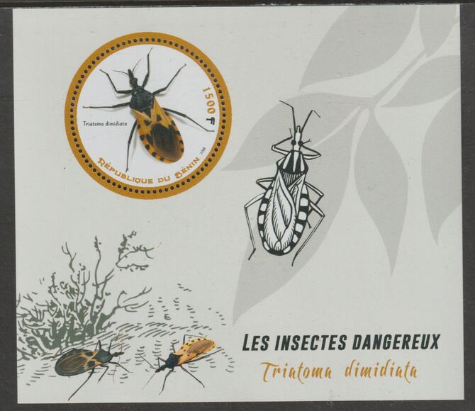 Benin 2018 Endangered Insects - Triatoma dimidiata perf deluxe m/sheet containing one circular value unmounted mint, stamps on shape, stamps on insects