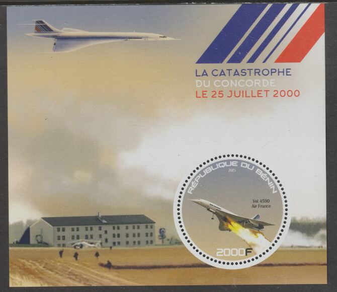 Benin 2015 Concorde Disaster perf deluxe m/sheet containing one circular value unmounted mint, stamps on shape, stamps on aviation, stamps on concorde, stamps on disasters, stamps on 