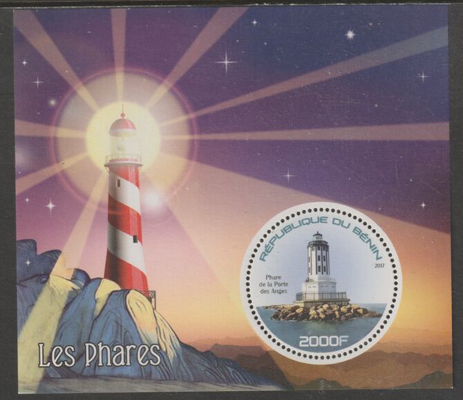 Benin 2017 Lighthouses perf deluxe m/sheet containing one circular value unmounted mint, stamps on , stamps on  stamps on shape, stamps on  stamps on lighthouses
