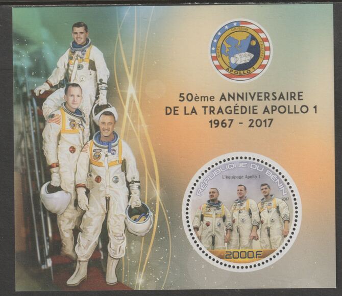 Benin 2017 Apollo 1 Tragedy - 50th Anniversary perf deluxe m/sheet containing one circular value unmounted mint, stamps on , stamps on  stamps on shape, stamps on  stamps on space, stamps on  stamps on apollo, stamps on  stamps on disasters