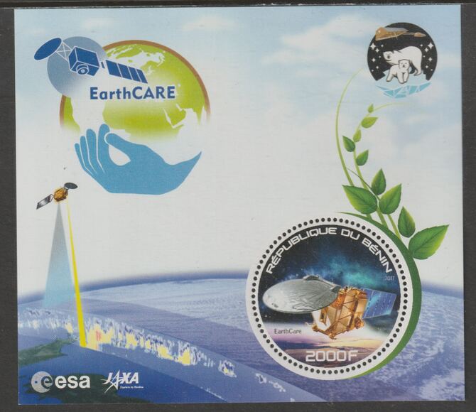 Benin 2017 Earth CARE Space Mission perf deluxe m/sheet containing one circular value unmounted mint, stamps on shape, stamps on space, stamps on earthcare