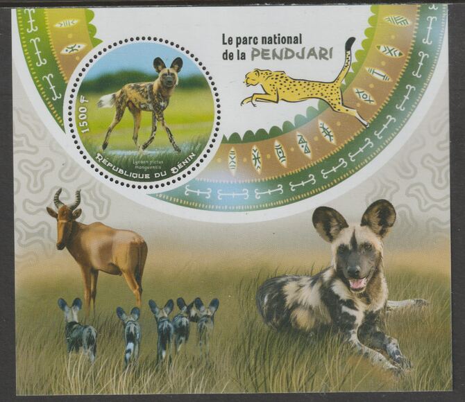 Benin 2018 Pendiari National Park - Wild Dog perf deluxe m/sheet containing one circular value unmounted mint, stamps on shape, stamps on animals, stamps on dogs