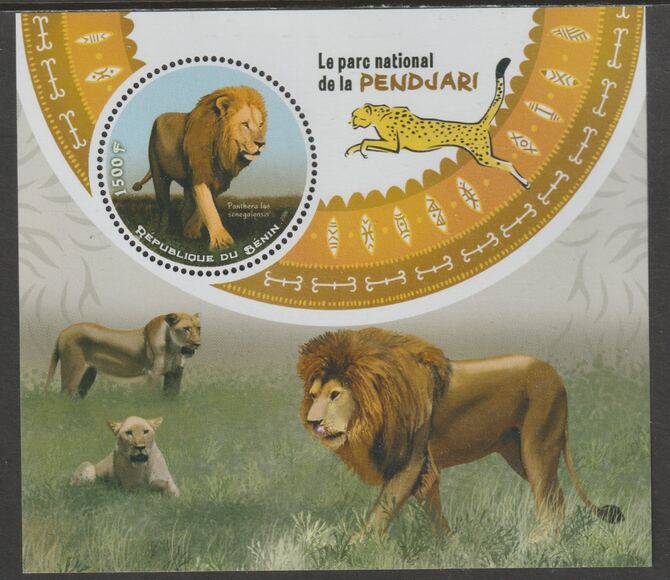 Benin 2018 Pendiari National Park - Lions perf deluxe m/sheet containing one circular value unmounted mint, stamps on , stamps on  stamps on shape, stamps on  stamps on animals, stamps on  stamps on lions, stamps on  stamps on cats