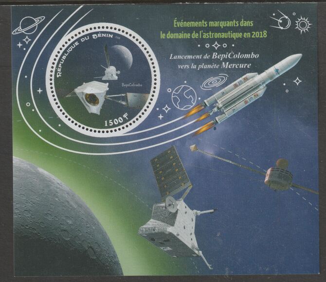 Benin 2018 Important Space Events - BepiColombo perf deluxe m/sheet containing one circular value unmounted mint, stamps on , stamps on  stamps on shape, stamps on  stamps on space, stamps on  stamps on bepicolombo