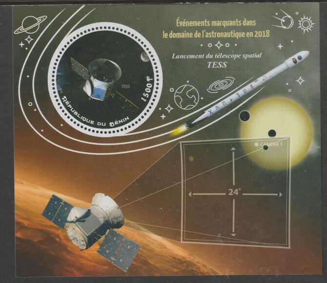 Benin 2018 Important Space Events - Tess Mission perf deluxe m/sheet containing one circular value unmounted mint, stamps on shape, stamps on space, stamps on tess