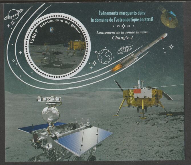 Benin 2018 Important Space Events - Chang'e 4 Mission perf deluxe m/sheet containing one circular value unmounted mint, stamps on , stamps on  stamps on shape, stamps on  stamps on space, stamps on  stamps on chang'e