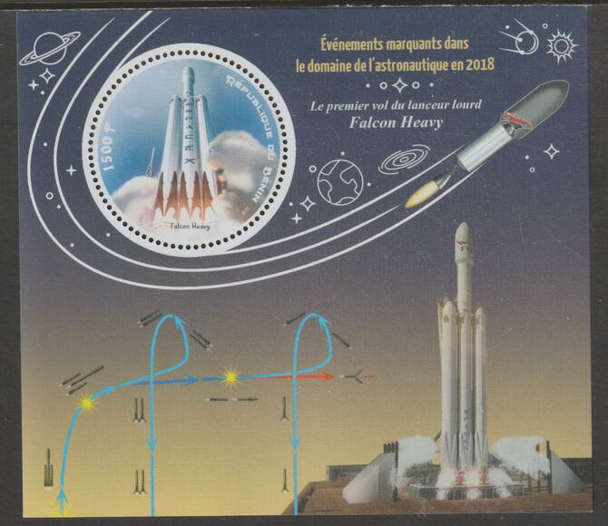 Benin 2018 Important Space Events - Falcon Heavy Mission perf deluxe m/sheet containing one circular value unmounted mint, stamps on , stamps on  stamps on shape, stamps on  stamps on space, stamps on  stamps on falcon heavy