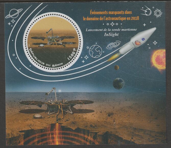 Benin 2018 Important Space Events - InSight Mission perf deluxe m/sheet containing one circular value unmounted mint, stamps on shape, stamps on space, stamps on insight