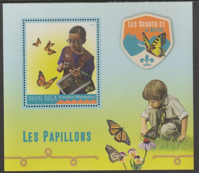 Madagascar 2016 Scouts & Butterflies perf m/sheet containing one value unmounted mint, stamps on butterflies, stamps on scouts