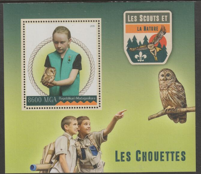 Madagascar 2016 Scouts & Owls perf m/sheet containing one value unmounted mint, stamps on , stamps on  stamps on birds, stamps on  stamps on birds of prey, stamps on  stamps on owls, stamps on  stamps on scouts