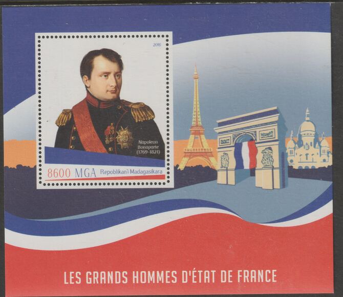 Madagascar 2016 Napoleon Bonaparte perf m/sheet containing one value unmounted mint, stamps on personalities, stamps on napoleon, stamps on eiffel tower