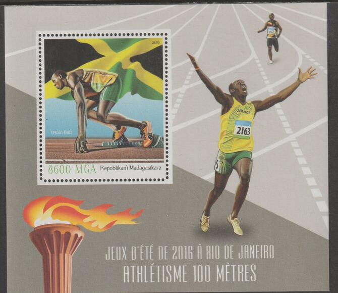 Madagascar 2016 Rio Oympics - Usain Bolt perf m/sheet containing one value unmounted mint, stamps on personalities, stamps on olympics, stamps on flags