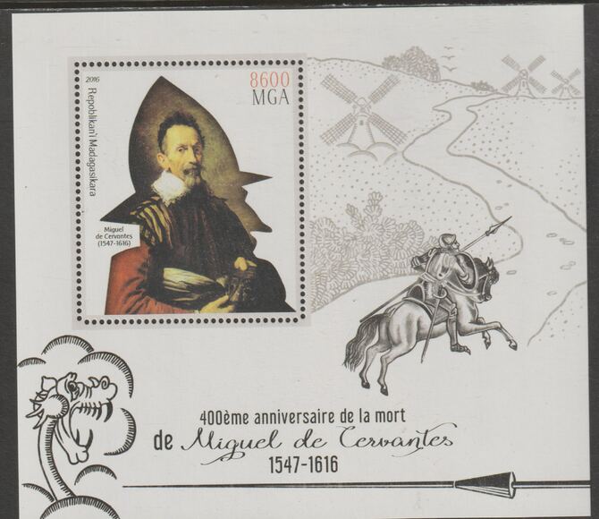 Madagascar 2016 Cervantes 400th Death Anniversary perf m/sheet containing one value unmounted mint, stamps on , stamps on  stamps on personalities, stamps on  stamps on cervantes, stamps on  stamps on literature