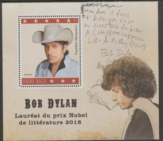 Madagascar 2016 Bob Dylan Nobel Laureate perf m/sheet containing one value unmounted mint, stamps on personalities, stamps on music, stamps on dylan, stamps on literature