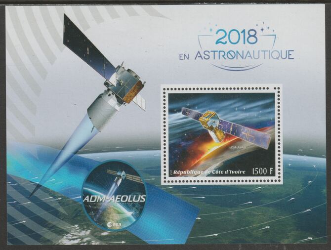 Ivory Coast 2018 ADM-Aeolus Space Mission perf m/sheet containing one value unmounted mint, stamps on , stamps on  stamps on space, stamps on  stamps on satellites