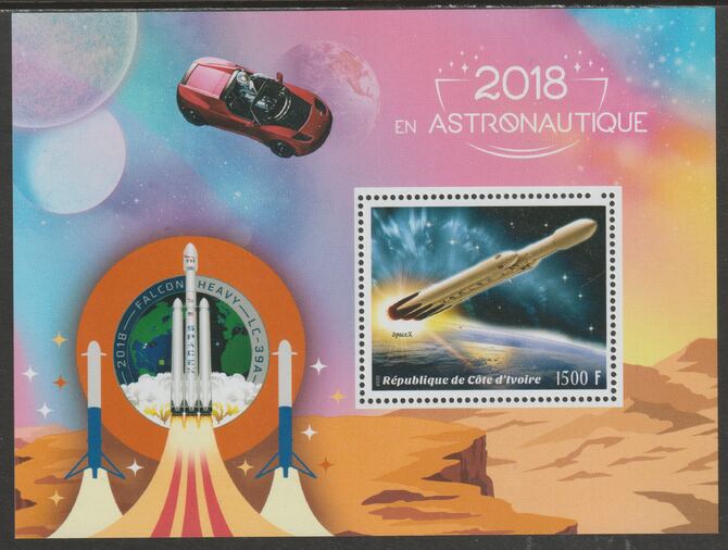 Ivory Coast 2018 SpaceX Space Mission perf m/sheet containing one value unmounted mint, stamps on space, stamps on spacex