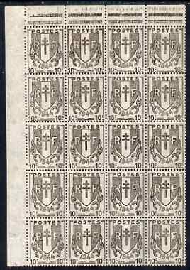 France 1944 Shield 10c fine corner block of 20 unmounted mint SG 902, stamps on , stamps on  stamps on france 1944 shield 10c fine corner block of 20 unmounted mint sg 902