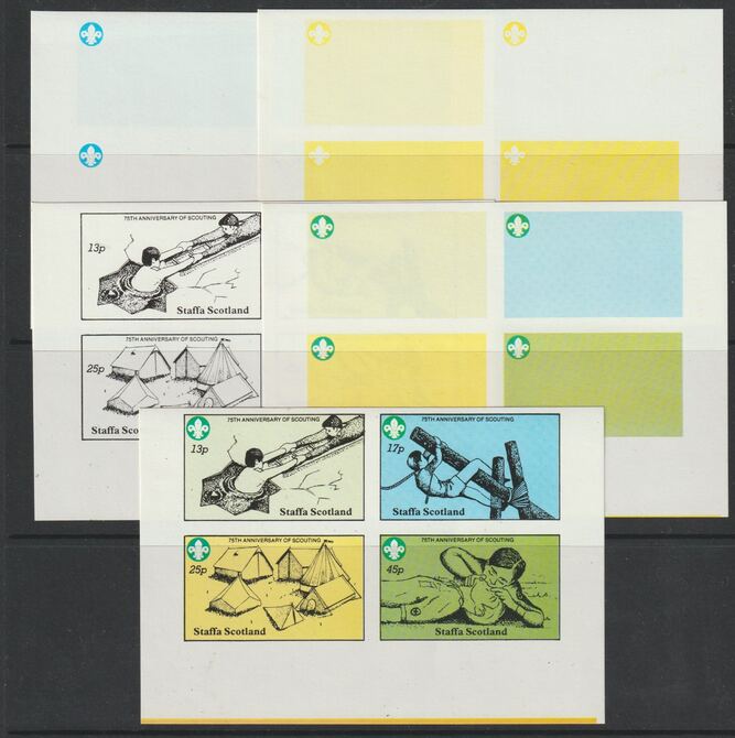 Staffa 1982 75th Anniversary of Scouting sheet of 4 values - the set of 5 imperf progressive proofs comprising 3 individual colours, 2 colour composite and all 3 colours as issued unmounted mint , stamps on , stamps on  stamps on scouts, stamps on  stamps on knots