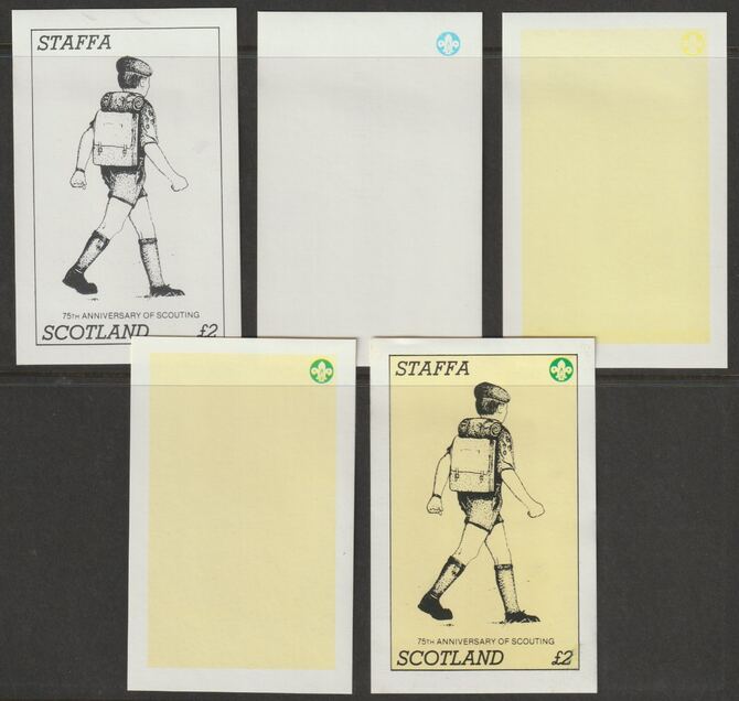 Staffa 1982 75th Anniversary of Scouting imperf deluxe sheet (£2 value) - the set of 5 imperf progressive proofs comprising 3 individual colours, 2 colour composite and all 3 colours as issued unmounted mint , stamps on scouts, stamps on 