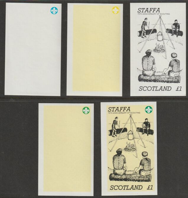 Staffa 1982 75th Anniversary of Scouting imperf souvenir sheet (Â£1 value) - the set of 5 imperf progressive proofs comprising 3 individual colours, 2 colour composite and all 3 colours as issued unmounted mint , stamps on , stamps on  stamps on scouts, stamps on  stamps on 