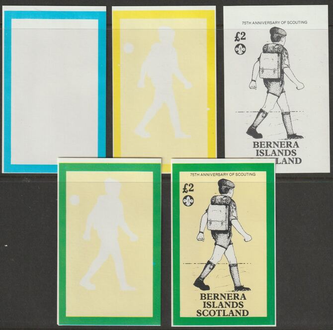 Bernera 1982 75th Anniversary of Scouting imperf deluxe sheet (£2 value) - the set of 5 imperf progressive proofs comprising 3 individual colours, 2 colour composite and all 3 colours as issued unmounted mint , stamps on scouts, stamps on 