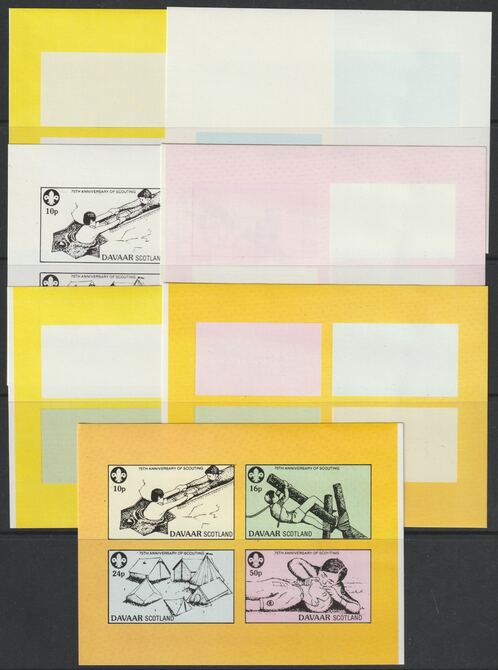 Davaar 1982 75th Anniversary of Scouting sheet of 4 values - the set of 7 imperf progressive proofs comprising the 4 individual colours, 2, 3 and all 4 colour composites unmounted mint , stamps on scouts, stamps on 