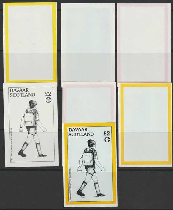 Davaar 1982 75th Anniversary of Scouting imperf deluxe sheet (Â£2 value) - the set of 7 imperf progressive proofs comprising the 4 individual colours, 2, 3 & all 4 colour composites unmounted mint , stamps on scouts, stamps on 