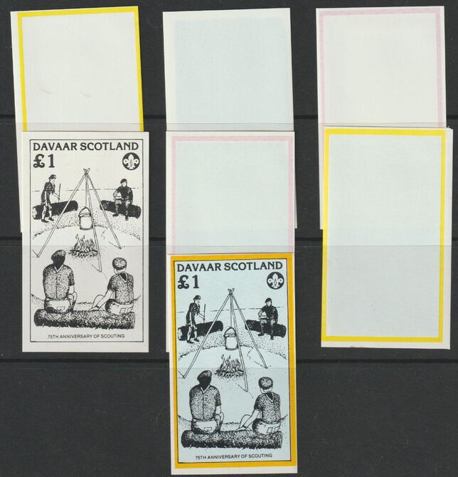 Davaar 1982 75th Anniversary of Scouting imperf souvenir sheet (£1 value) - the set of 7 imperf progressive proofs comprising the 4 individual colours, 2, 3 & all 4 colo..., stamps on scouts, stamps on 