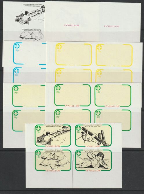 Eynhallow 1982 75th Anniversary of Scouting sheet of 4 values - the set of 7 imperf progressive proofs comprising the 4 individual colours, 2, 3 and all 4 colour composites unmounted mint , stamps on scouts, stamps on 