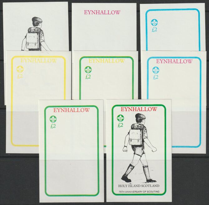 Eynhallow 1982 75th Anniversary of Scouting imperf deluxe sheet (£2 value) - the set of 7 imperf progressive proofs comprising the 4 individual colours, 2, 3 & all 4 colour composites unmounted mint , stamps on scouts, stamps on 