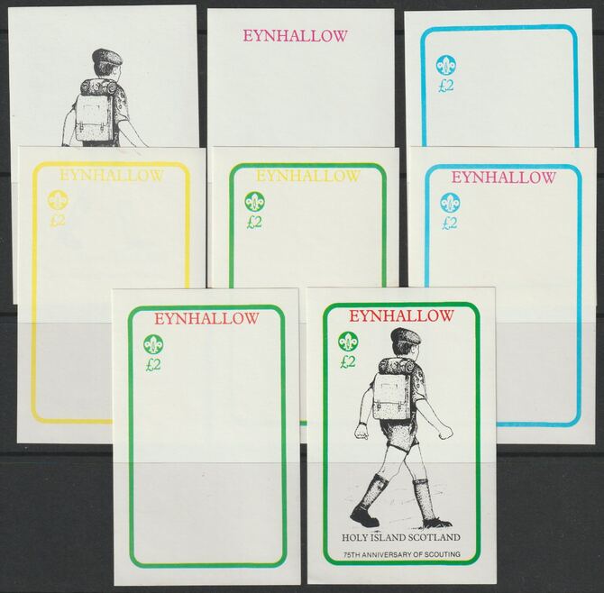 Eynhallow 1982 75th Anniversary of Scouting imperf deluxe sheet (Â£2 value) - the set of 7 imperf progressive proofs comprising the 4 individual colours, 2, 3 & all 4 c..., stamps on scouts, stamps on 