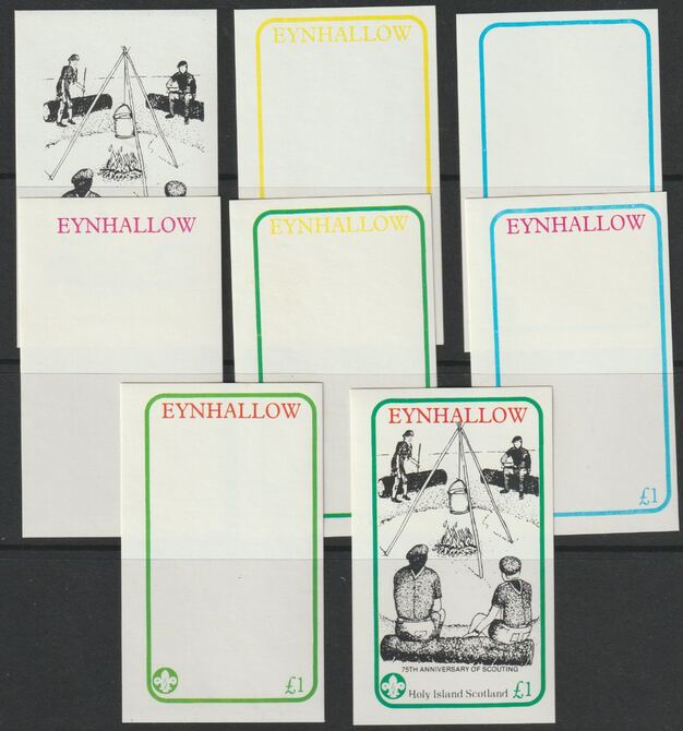 Eynhallow 1982 75th Anniversary of Scouting imperf souvenir sheet (£1 value) - the set of 7 imperf progressive proofs comprising the 4 individual colours, 2, 3 & all 4 colour composites unmounted mint , stamps on scouts, stamps on 