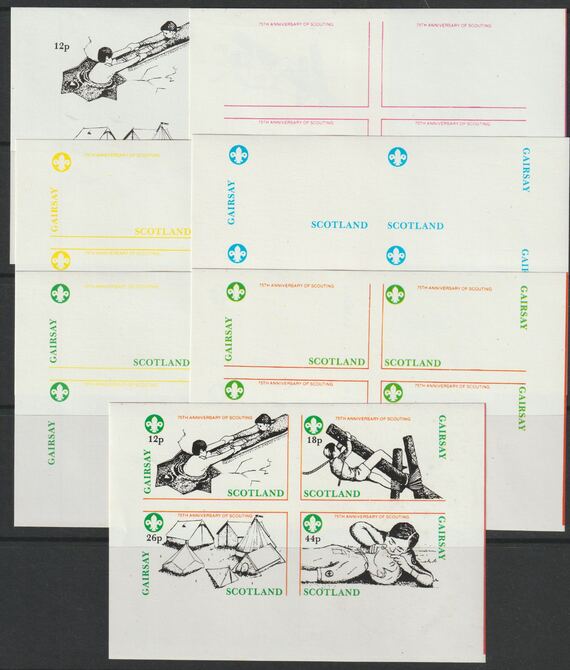 Gairsay 1982 75th Anniversary of Scouting sheet of 4 values - the set of 7 imperf progressive proofs comprising the 4 individual colours, 2, 3 and all 4 colour composites unmounted mint , stamps on scouts, stamps on 