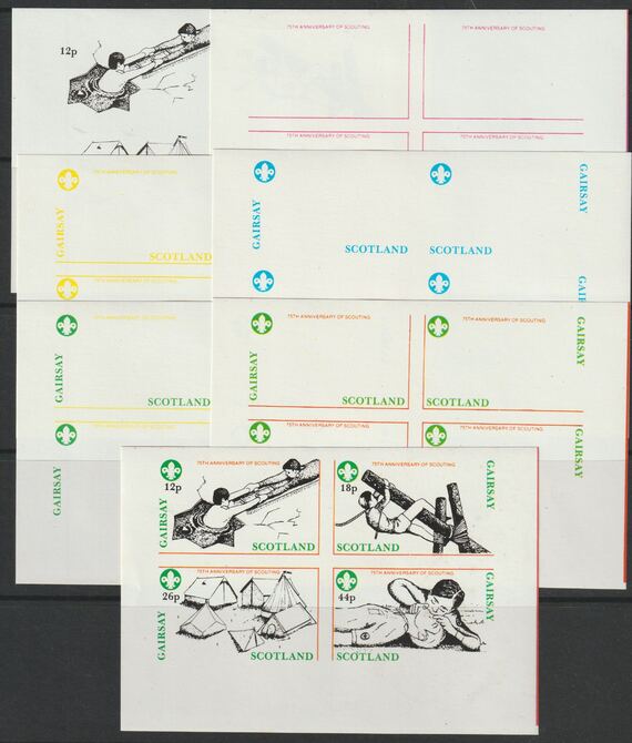 Gairsay 1982 75th Anniversary of Scouting sheet of 4 values - the set of 7 imperf progressive proofs comprising the 4 individual colours, 2, 3 and all 4 colour composites..., stamps on scouts, stamps on 