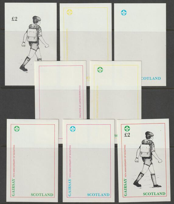 Gairsay 1982 75th Anniversary of Scouting imperf deluxe sheet (£2 value) - the set of 8 imperf progressive proofs comprising the 4 individual colours, 2, 3 & all 4 colour composites unmounted mint , stamps on scouts, stamps on 