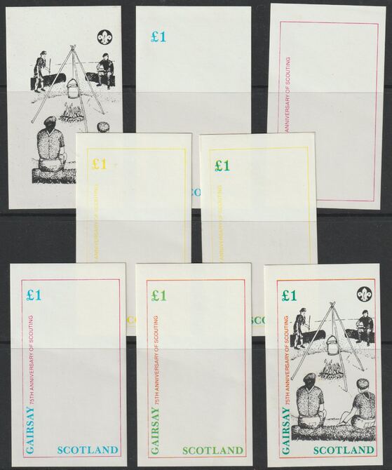 Gairsay 1982 75th Anniversary of Scouting imperf souvenir sheet (£1 value) - the set of 8 imperf progressive proofs comprising the 4 individual colours, 2, 3 & all 4 colour composites unmounted mint , stamps on scouts, stamps on 