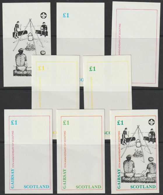 Gairsay 1982 75th Anniversary of Scouting imperf souvenir sheet (Â£1 value) - the set of 8 imperf progressive proofs comprising the 4 individual colours, 2, 3 & all 4 colour composites unmounted mint , stamps on , stamps on  stamps on scouts, stamps on  stamps on 