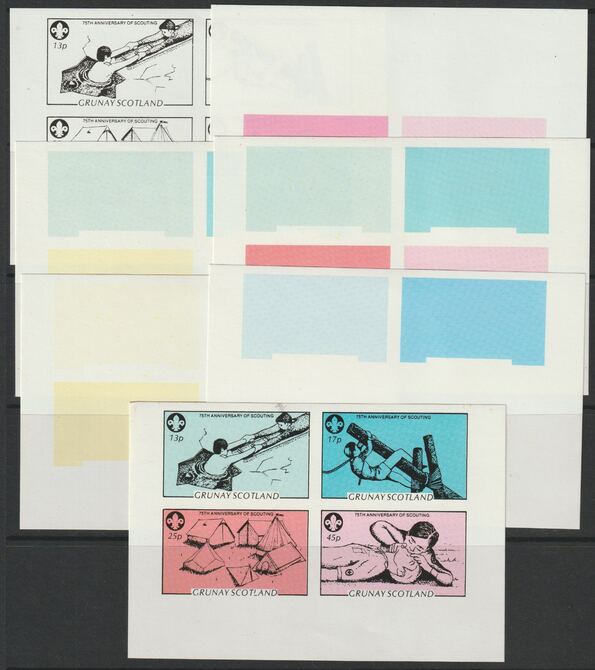 Grunay 1982 75th Anniversary of Scouting sheet of 4 values - the set of 7 imperf progressive proofs comprising the 4 individual colours, 2, 3 and all 4 colour composites unmounted mint , stamps on scouts, stamps on 