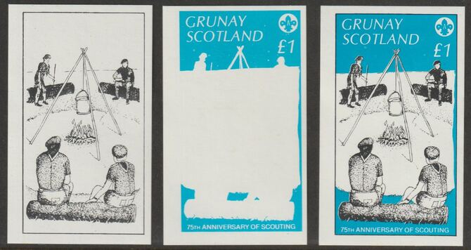 Grunay 1982 75th Anniversary of Scouting imperf souvenir sheet (£1 value) - the set of 3 imperf progressive proofs comprising the 2 individual colours plus both colours ..., stamps on scouts, stamps on 