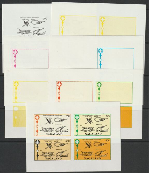 Nagaland 1982 75th Anniversary of Scouting sheet of 4 values - the set of 7 imperf progressive proofs comprising the 4 individual colours, 2, 3 and all 4 colour composites unmounted mint , stamps on scouts, stamps on 