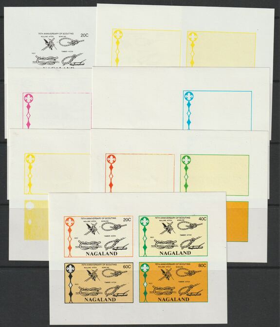 Nagaland 1982 75th Anniversary of Scouting sheet of 4 values - the set of 7 imperf progressive proofs comprising the 4 individual colours, 2, 3 and all 4 colour composite..., stamps on scouts, stamps on 