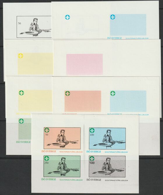 Iso - Sweden 1982 75th Anniversary of Scouting sheet of 4 values - the set of 7 imperf progressive proofs comprising the 4 individual colours, 2, 3 and all 4 colour composites unmounted mint , stamps on scouts, stamps on 